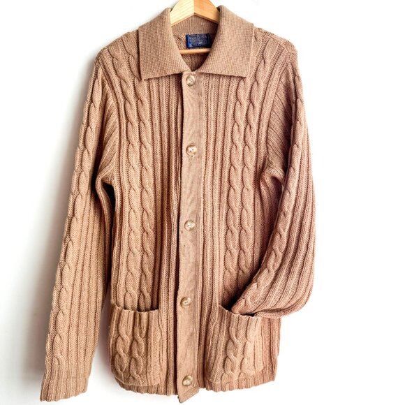 Pendleton Vintage Camel Beige Cableknkit Cardigan Sweater Virgin Wool M - Picture 2 of 8